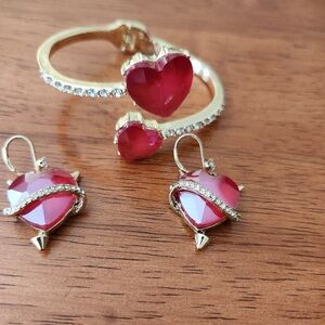 Brand New Betsey Johnson Earrings & Bracelet Red Heart Set.